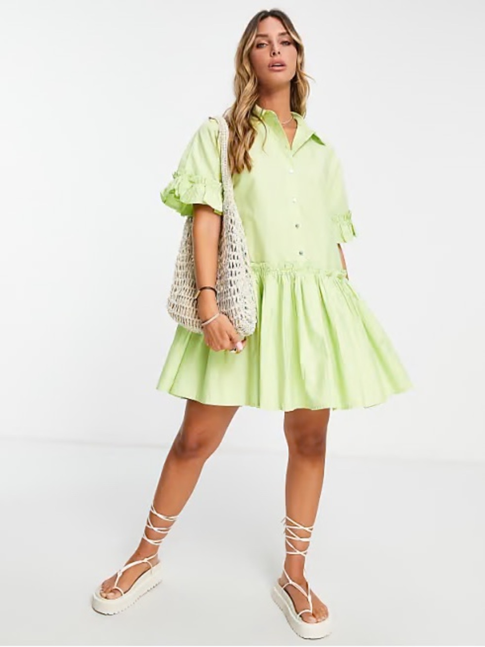 River Island  Lime Short Shirt Dress with Ruffle Hem